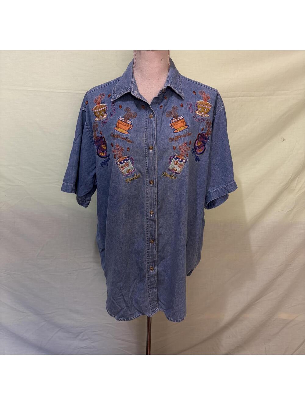 Embroidered coffee cappuccino denim button down shirt vintage 90s